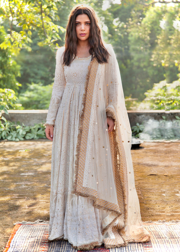 Hadiqa Kiani wearing Ivory and Gold Maxi Dress with Dupatta -1