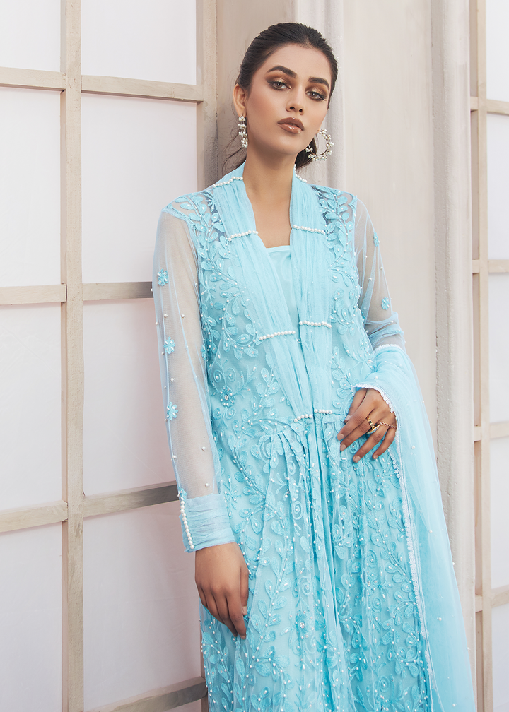 Model wearing Sky Blue Net embroidered Shirt -2
