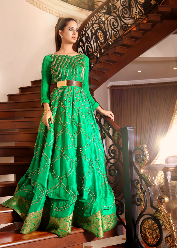 Model wearing Embellished Green Maxi Dress -2
