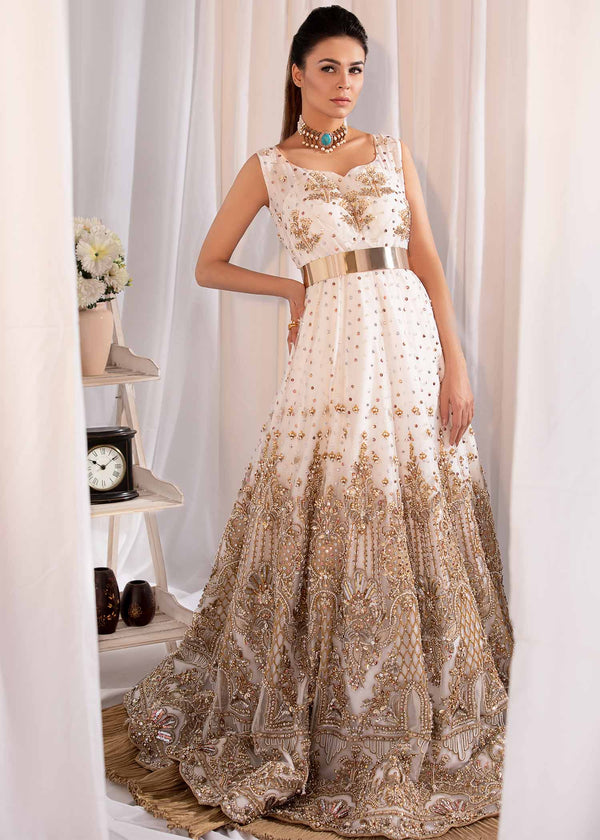 model wearing Ivory and Gold Formal Embellished Maxi -1