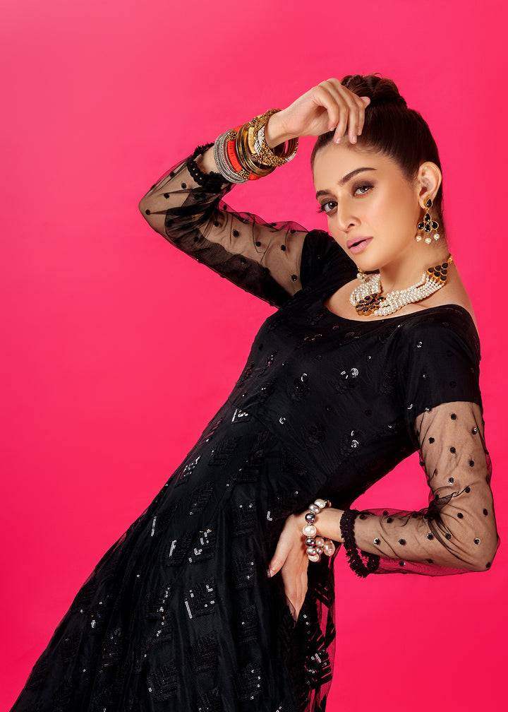 Model wearing Sequined Black Frock Dress with Shirt and Pants -9