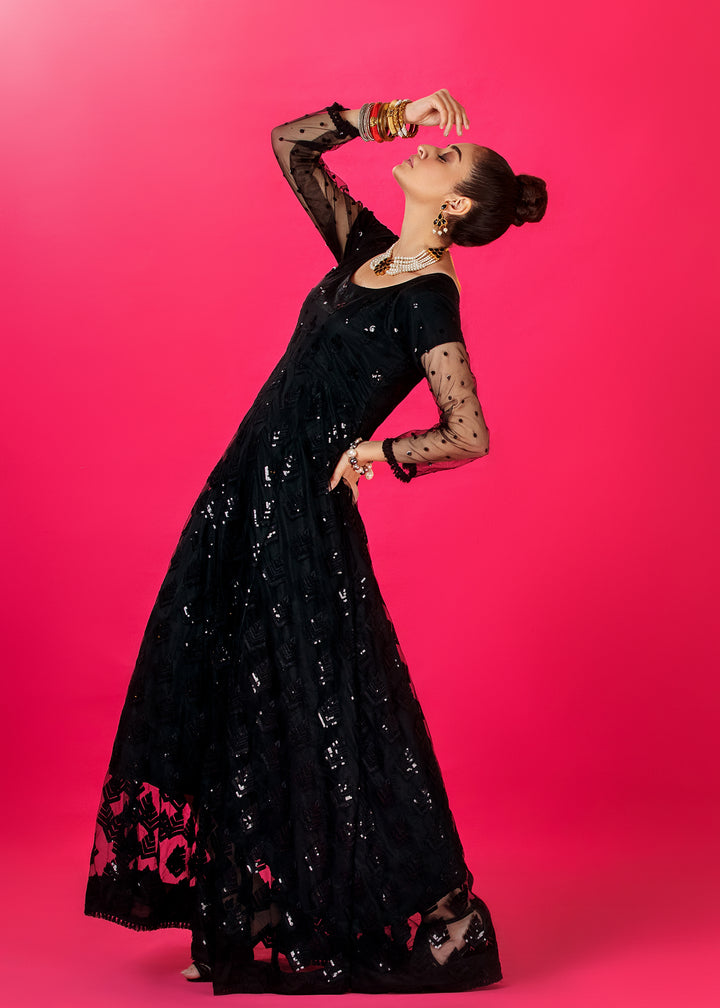 Model wearing Sequined Black Frock Dress with Shirt and Pants -10