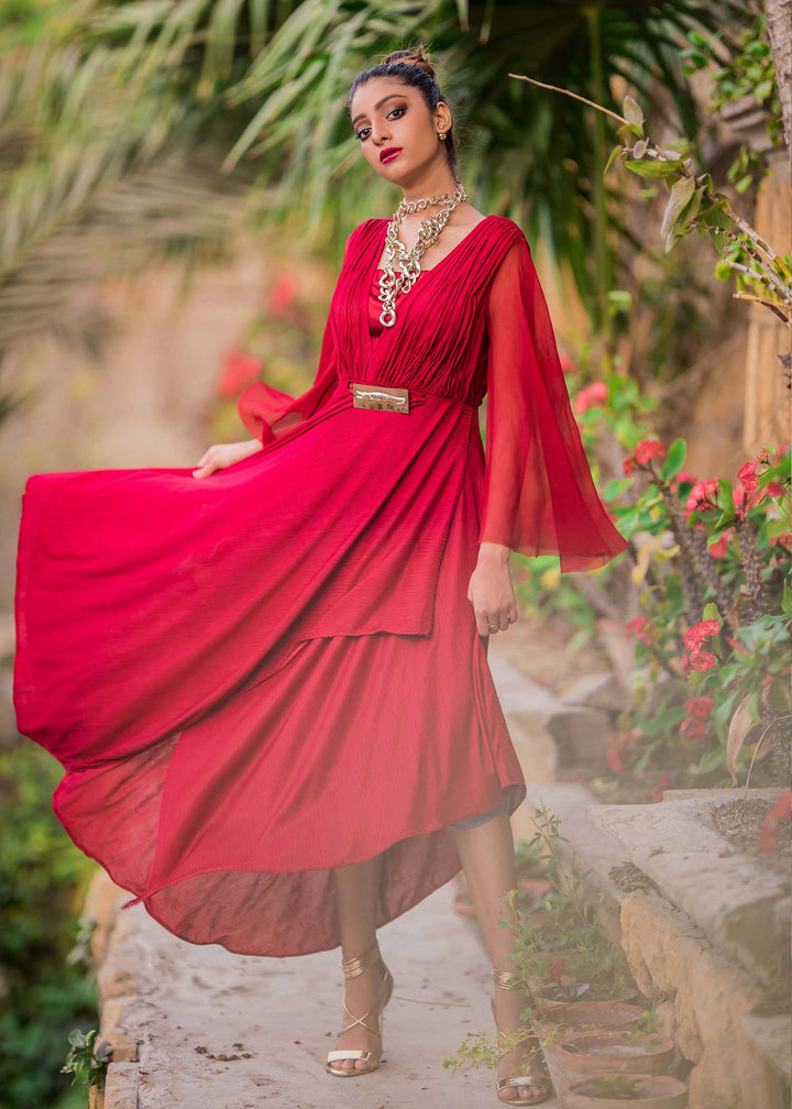 Model wearing red shirt with chiffon sleeves-4