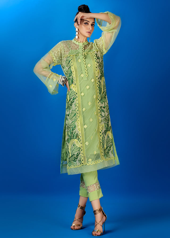 Model wearing Light Green Embroidered Suit with Organza Detail -1 