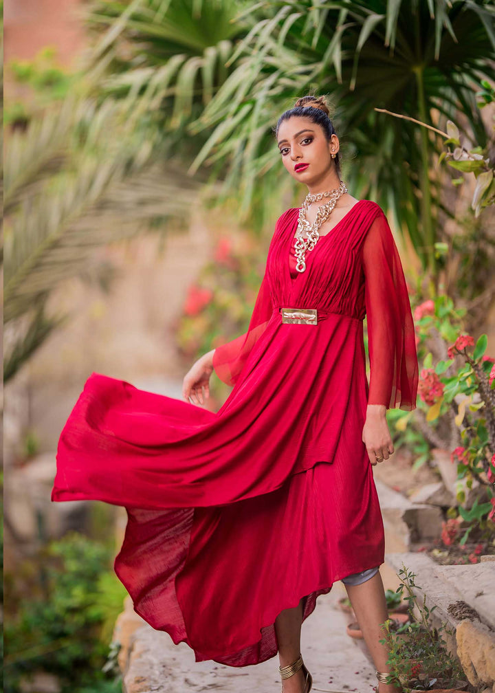 Model wearing red shirt with chiffon sleeves-7