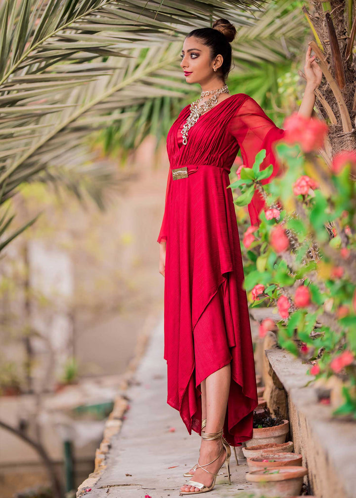 Model wearing red shirt with chiffon sleeves-8
