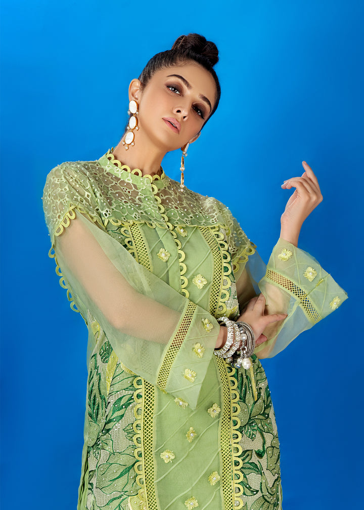 Model wearing Light Green Embroidered Suit with Organza Detail -3