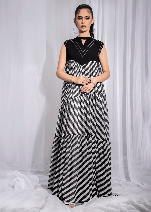 Model Wearing Stripe Lining Flared Gown - 1