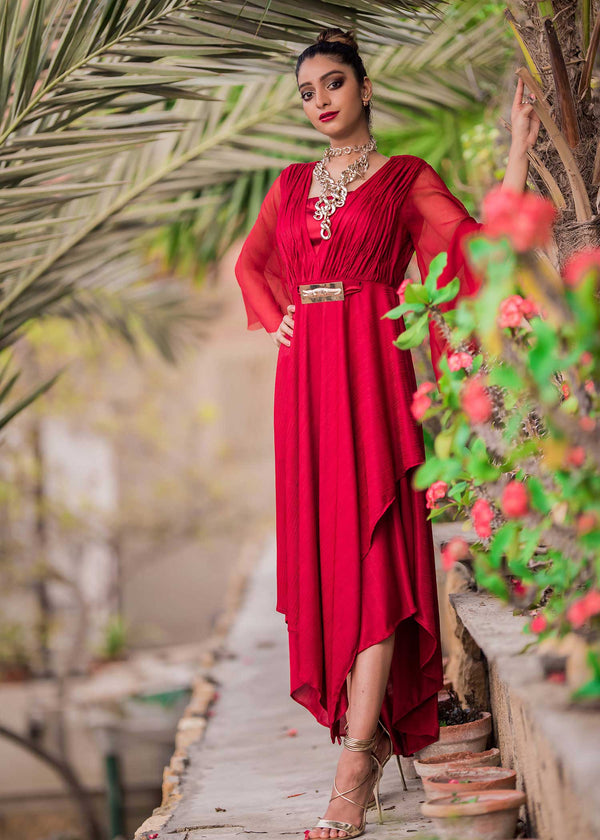 Model wearing red shirt with chiffon sleeves-1