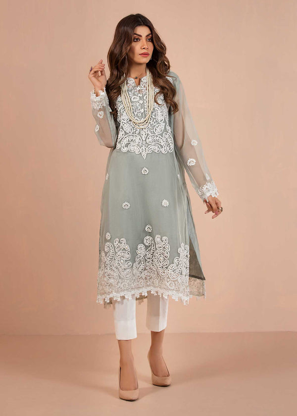 Pastel Blue Kameez with White Embroidery With Cotton silk trousers -1