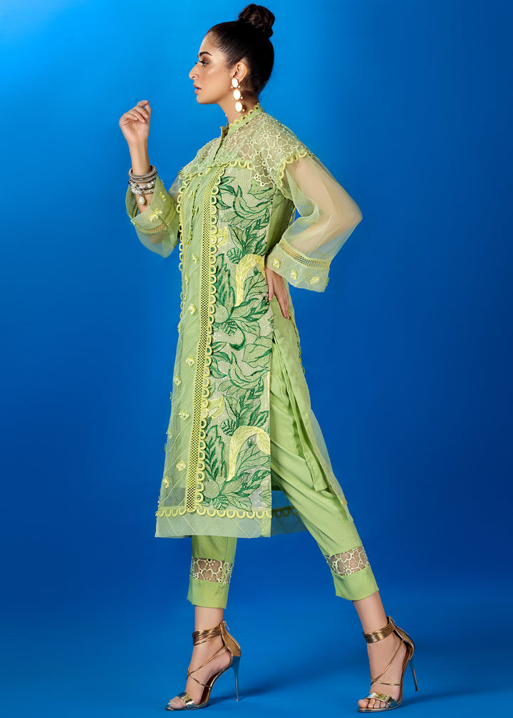 Model wearing Light Green Embroidered Suit with Organza Detail -4