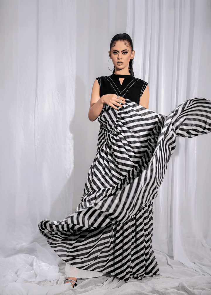 Model Wearing Stripe Lining Flared Gown - 2
