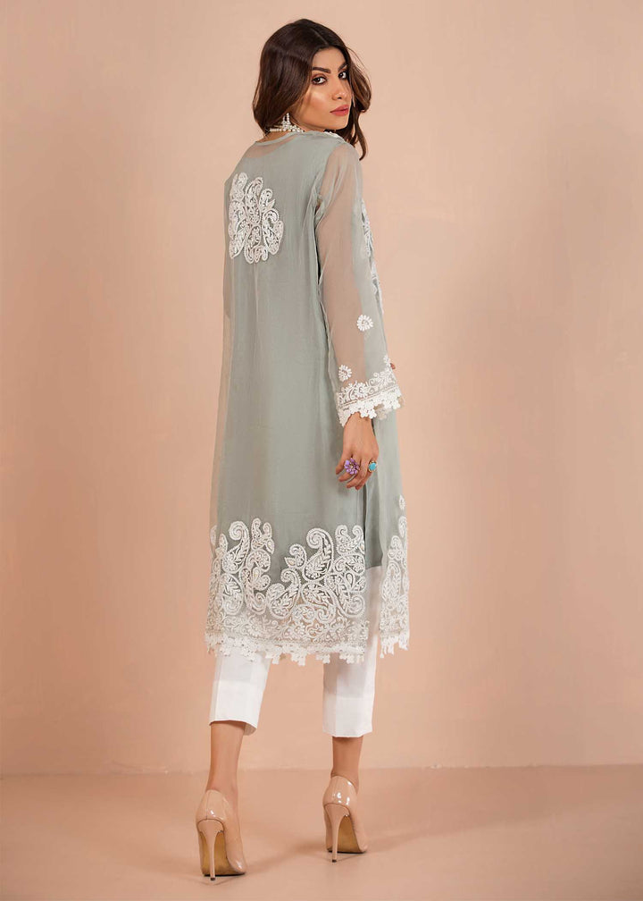 Pastel Blue Kameez with White Embroidery With Cotton silk trousers -3