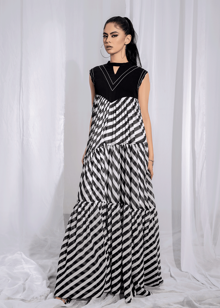 Model Wearing Stripe Lining Flared Gown - 3