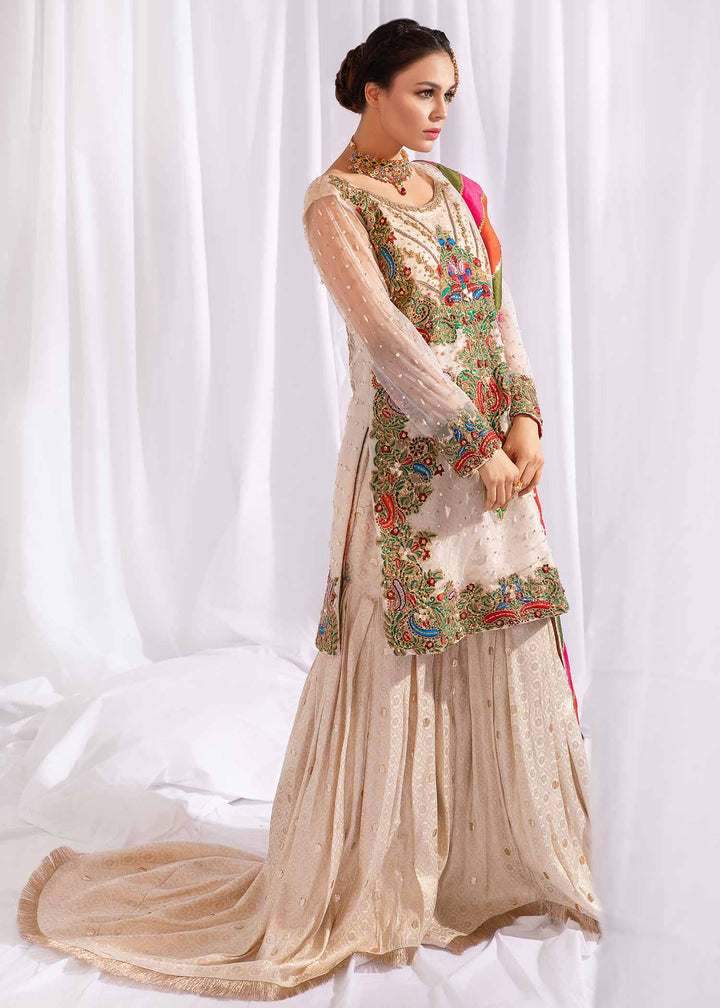 Model wearing White Embroidered Shirt with Gharara -2