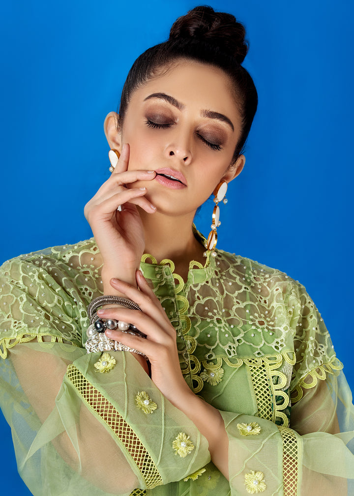 Model wearing Light Green Embroidered Suit with Organza Detail -6