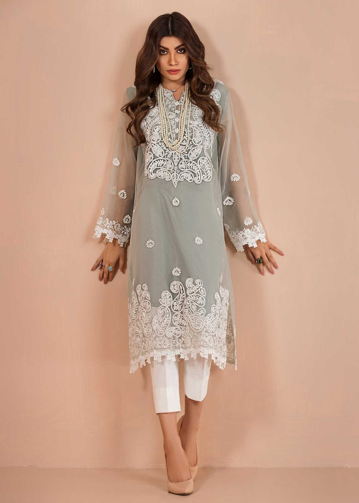 Pastel Blue Kameez with White Embroidery With Cotton silk trousers -5