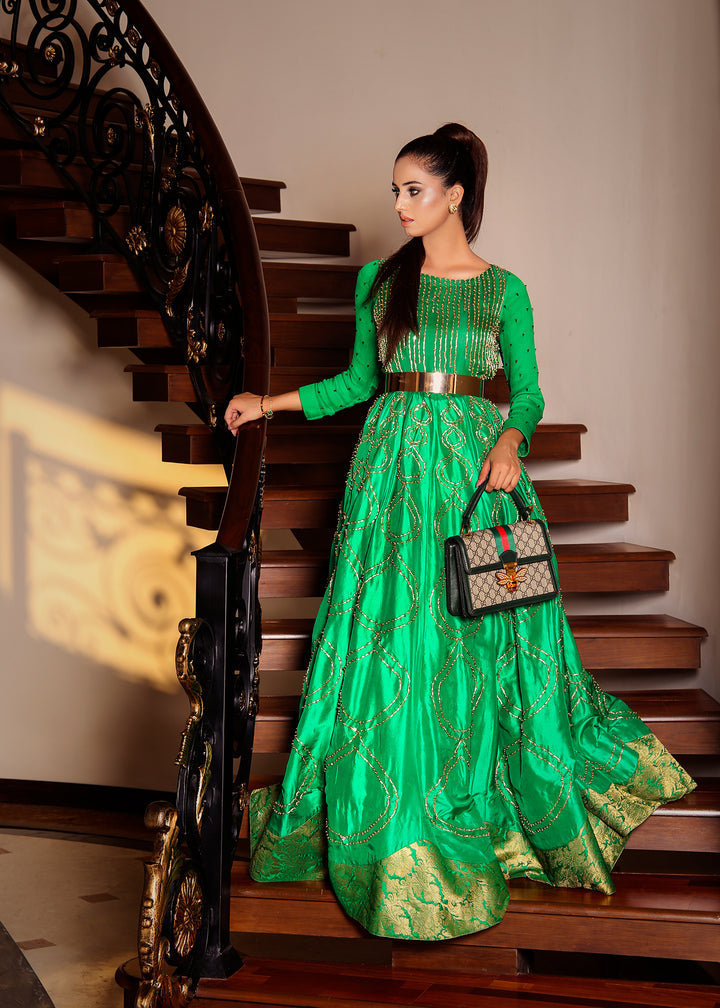 Model wearing Embellished Green Maxi Dress -3