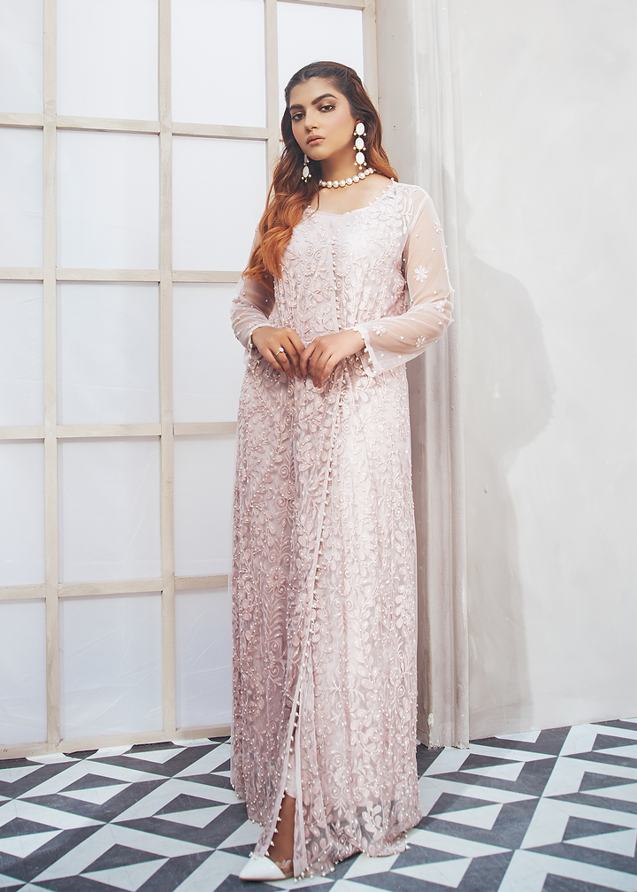 Model Wearing powder pink net gown -3