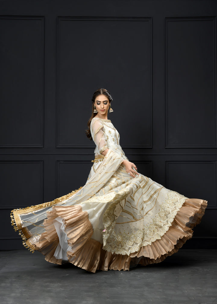 Model wearing White and Gold Frock with Lehenga -3