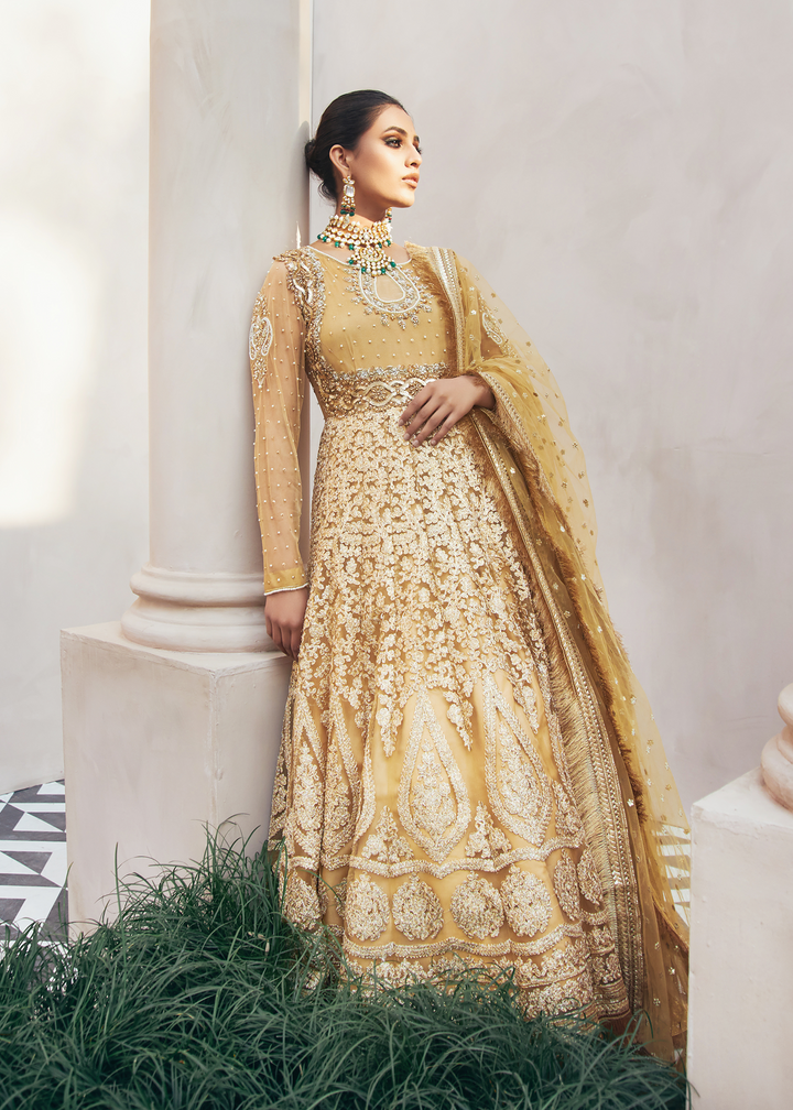 Model wearing Embroidered Gold flared Frock -3