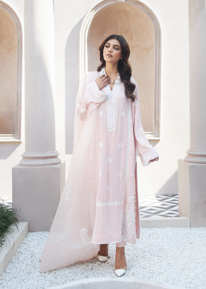 Model wearing Powder pink shirt with organza dupatta - 3