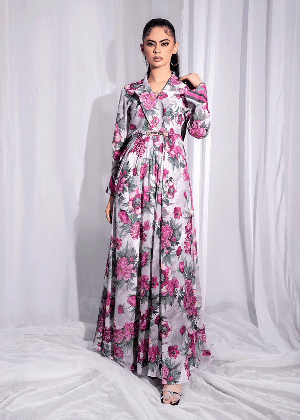 Model Wearing Floral Flared Gown - 1