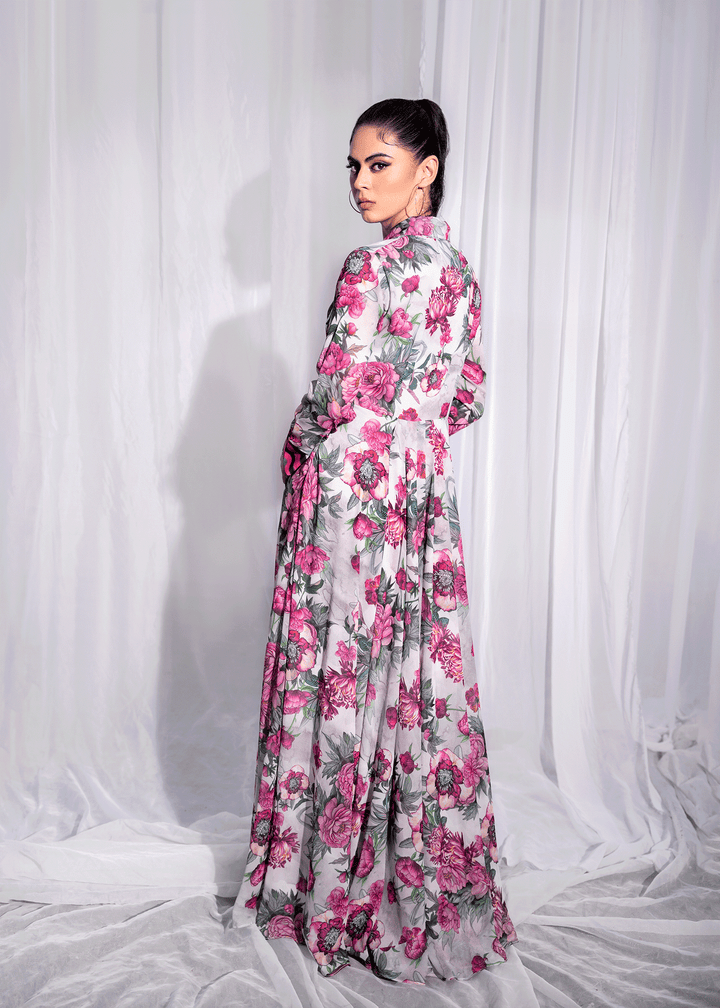 Model Wearing Floral Flared Gown - 3