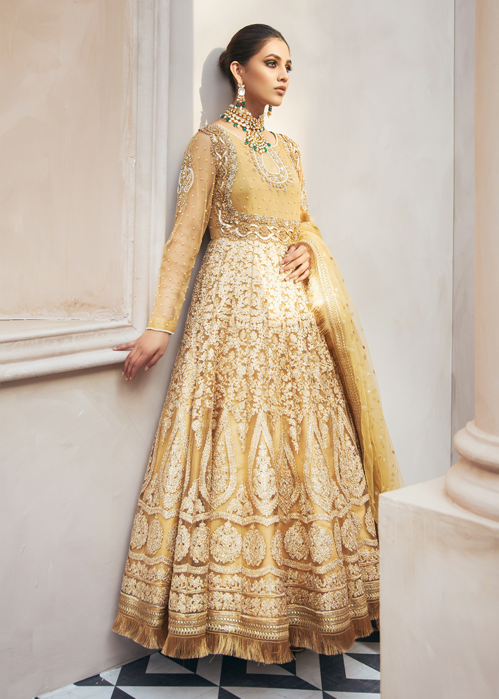 Model wearing Embroidered Gold flared Frock - 4