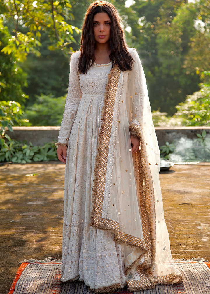 Hadiqa Kiani wearing Ivory and Gold Maxi Dress with Dupatta -5