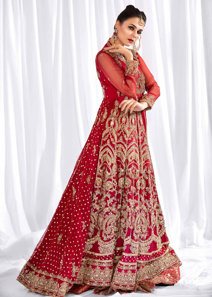 Model wearing Red and Gold Heavy Embellished Maxi Bridal Dress-1