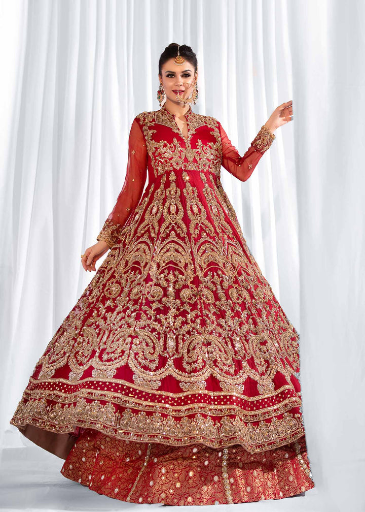 Model wearing Red and Gold Heavy Embellished Maxi Bridal Dress-2