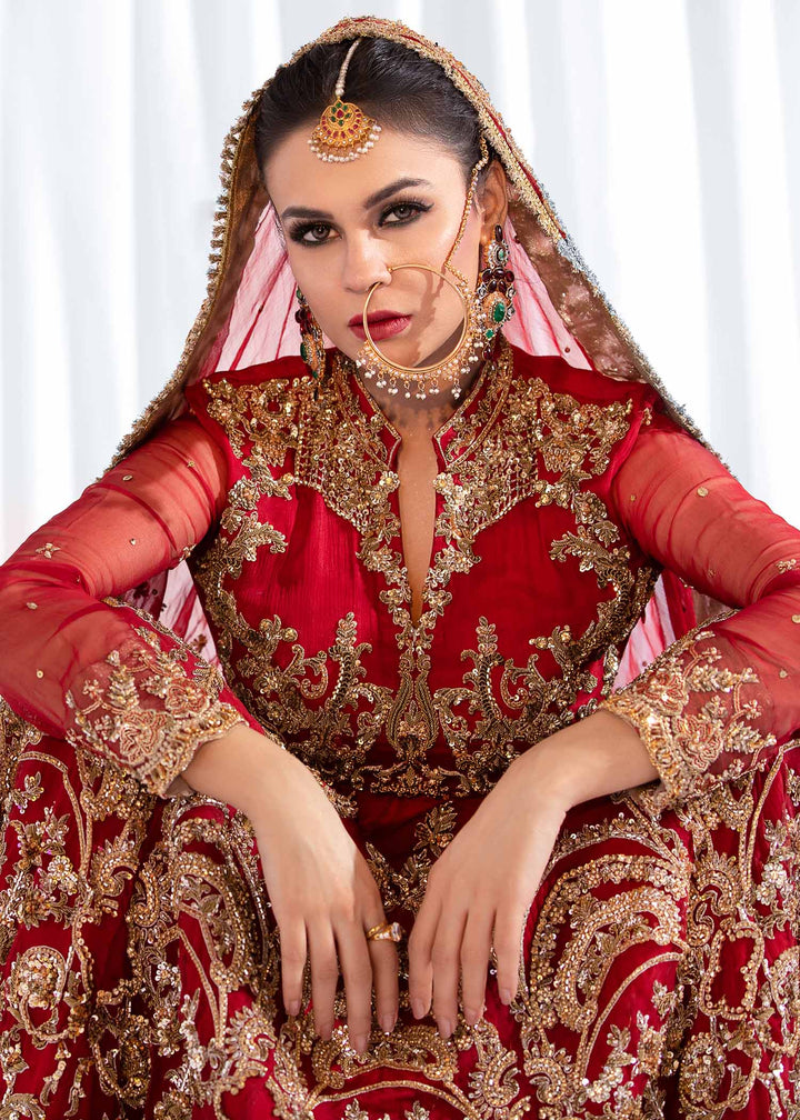 Model wearing Red and Gold Heavy Embellished Maxi Bridal Dress-4