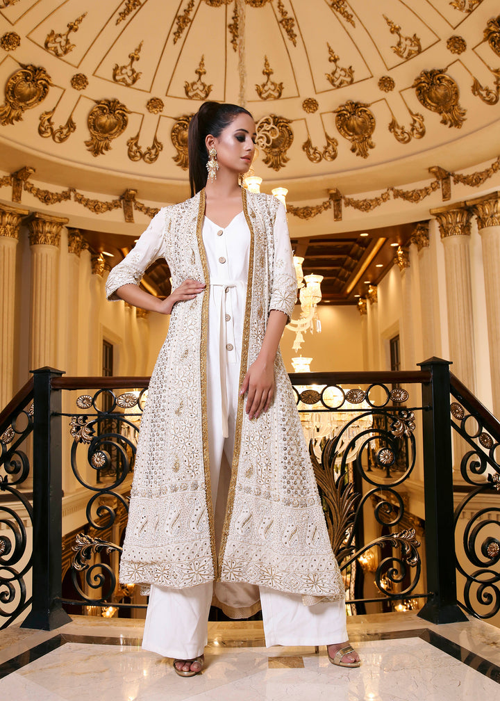 White and Gold Embroidered Jacket with Inner Dress -1