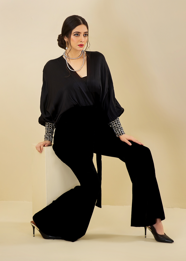Model wearing black velvet flared sleeve coord set -6