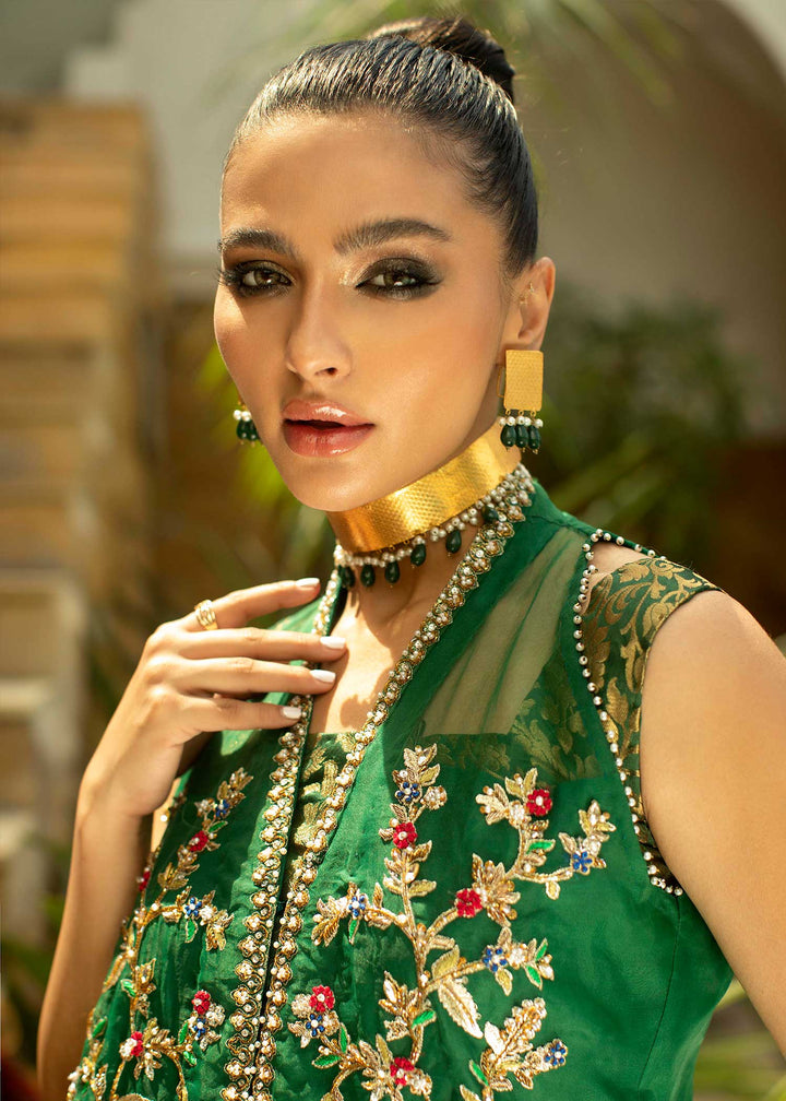 Model wearing spring green Mughal print suit-3