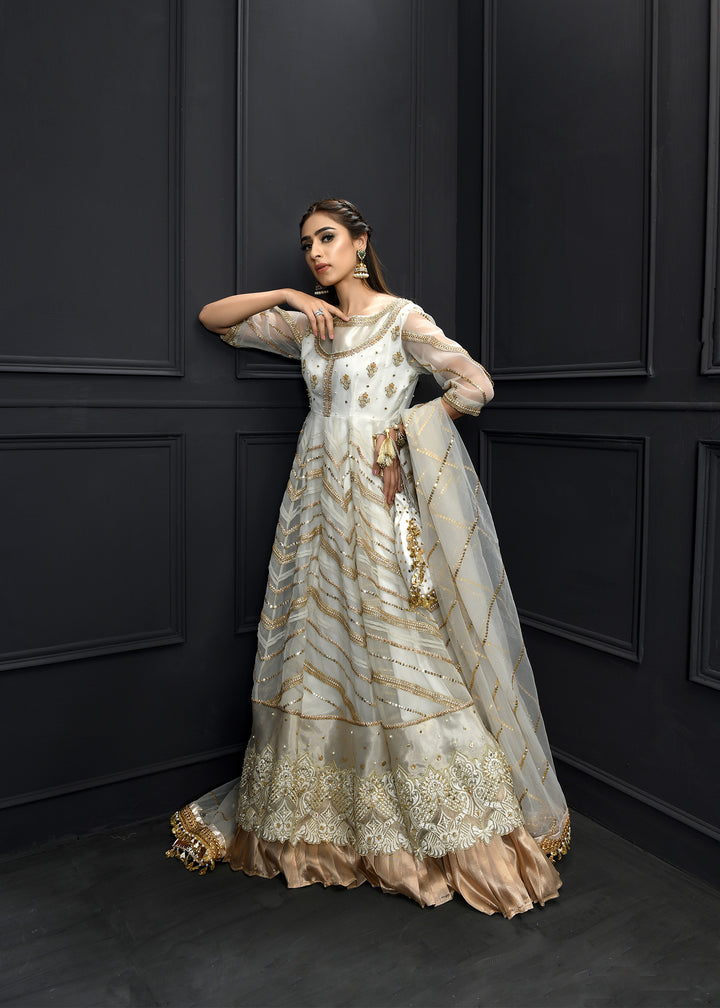 Model wearing White and Gold Frock with Lehenga -6
