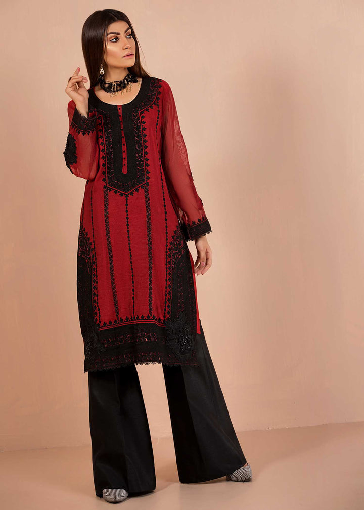 Modelwearing Deep Red Shirt with Black Embroidery with Black Flared Pants-1