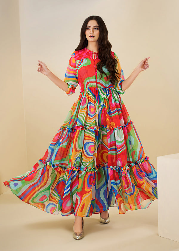 Model wearing Vibrant printed dress -1