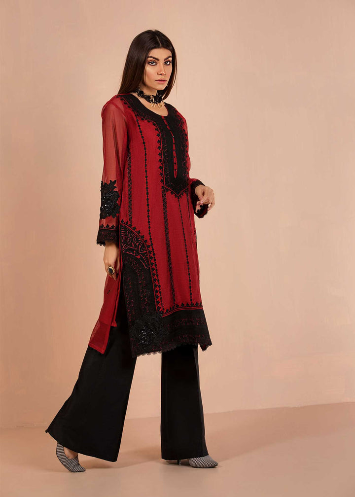Modelwearing Deep Red Shirt with Black Embroidery with Black Flared Pants-2