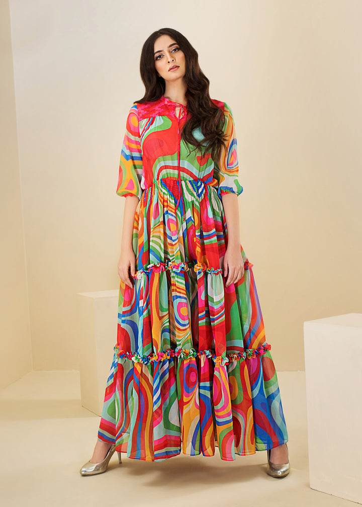Model wearing Vibrant printed dress -2