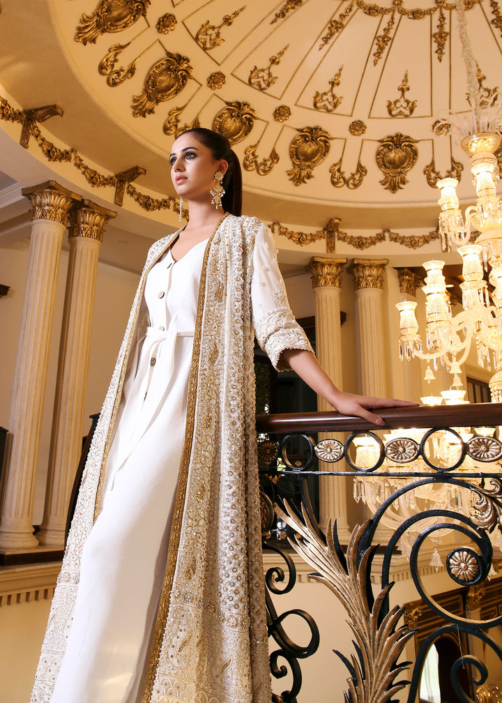 White and Gold Embroidered Jacket with Inner Dress -4