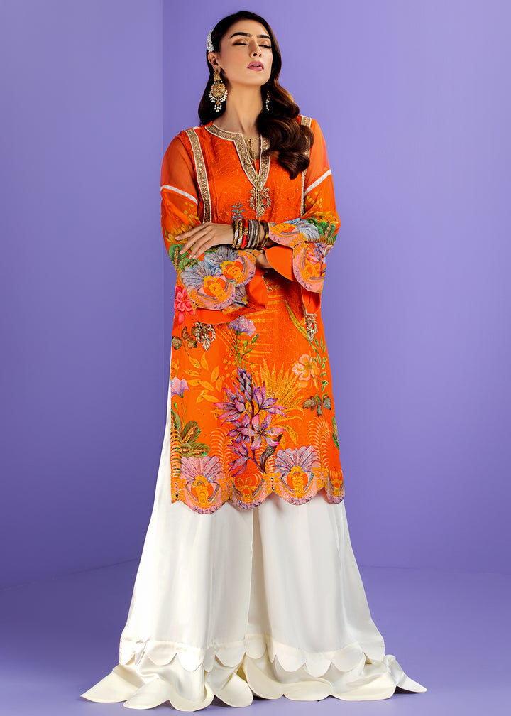 Model wearing Orange Embroidered Shirt with Dupatta -2