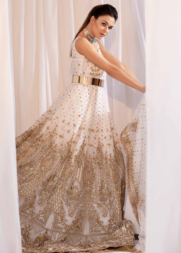 model wearing Ivory and Gold Formal Embellished Maxi -6