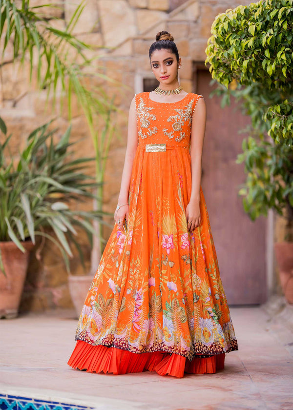Model wearing Orange Maxi dress -1