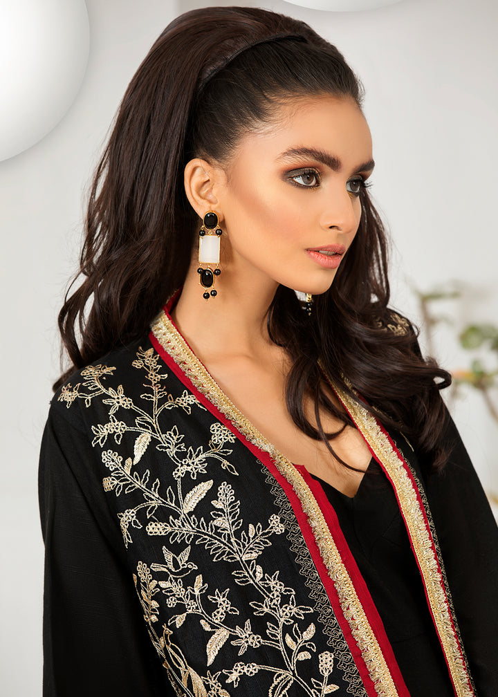 Model wearing Black Embroidered Jacket Shirt with Flare Pants -2