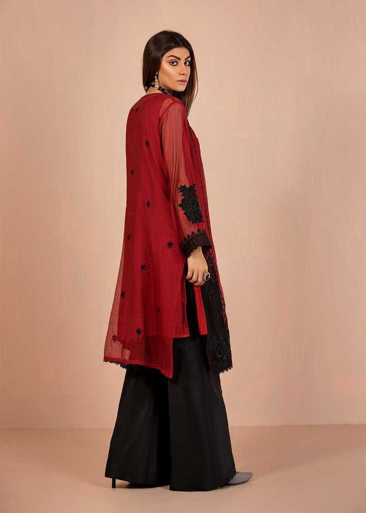 Modelwearing Deep Red Shirt with Black Embroidery with Black Flared Pants-4