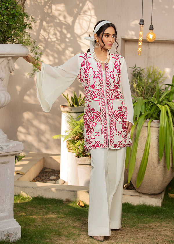 Model wearing  Embroidered White suit , Front img