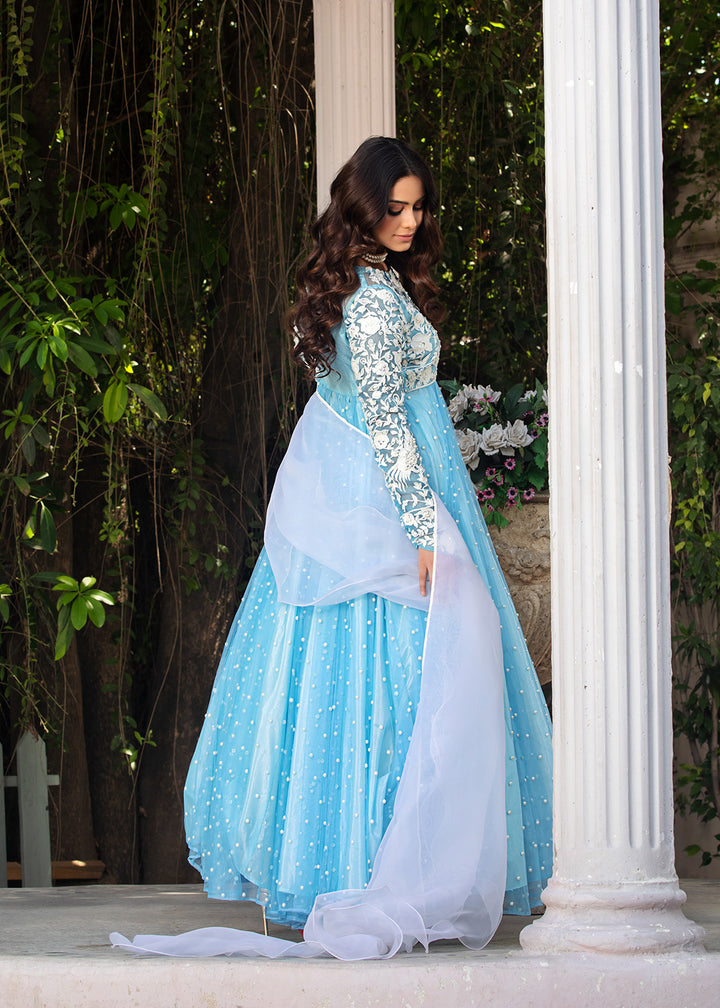 Model wear blue maxi dress - full back image